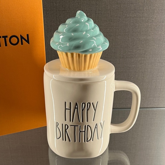 Rae Dunn by Magenta "Happy Birthday" ceramic mug light blue cupcake topper lid. - Picture 5 of 12